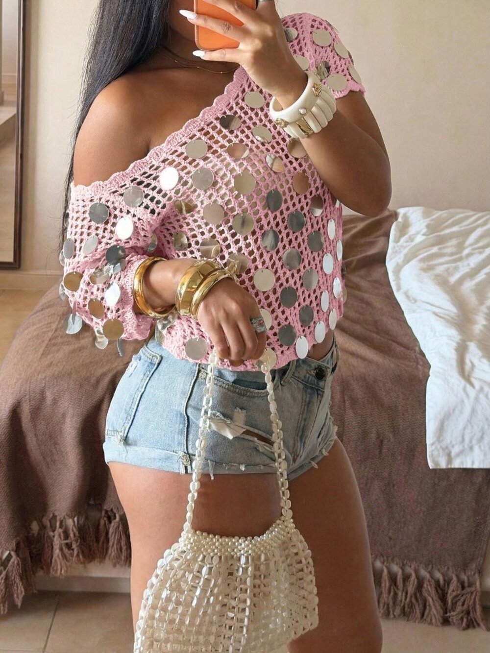 Sexy pink Casual Women's crochet Hollow-Out Crop Top knit Sweater